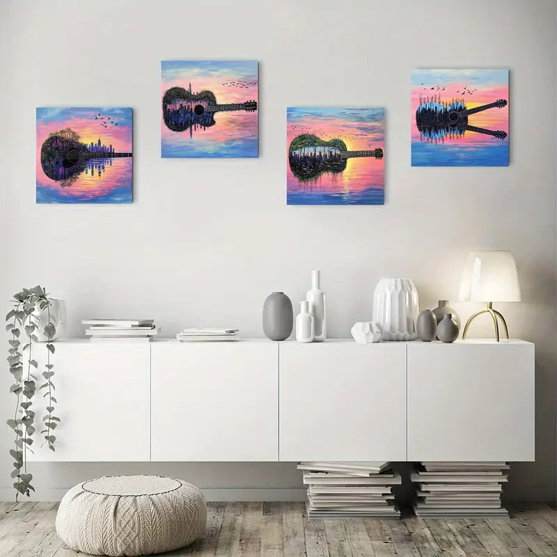 4pcs Reflections with Birds, Vibrant Sunset   Wall Art Canvas Framed