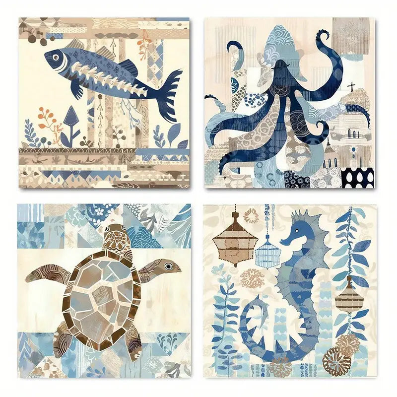 4pcs Octopus Ocean Sea Turtle Seahorse Fish OS  Wall Art Canvas Framed