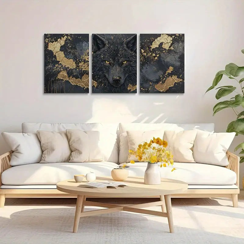 3pcs Black and Golden Eyes Wolf Abstract Metal Print Ready to Hang Art
