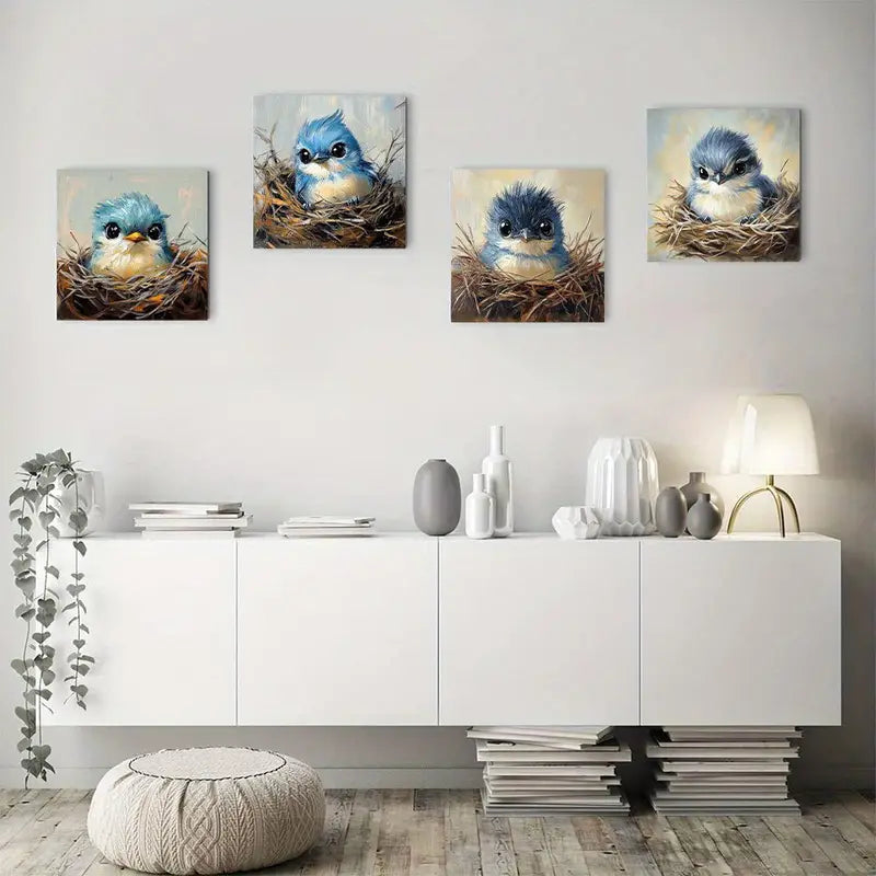 4pcs Blue Bird Nest Canvas Art Prints Wall Art Canvas Framed