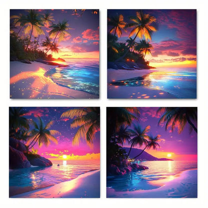 4pcs  Beach palm trees sea sunset  gj    Wall Art Canvas Framed