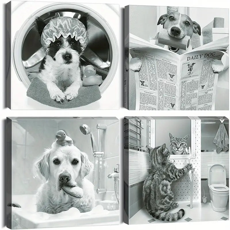 4pcs Black & White Dog In Shower Wall Art Canvas Framed