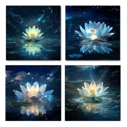 4pcs Blue Lotus with Glowing Center, Wall Art Canvas Framed