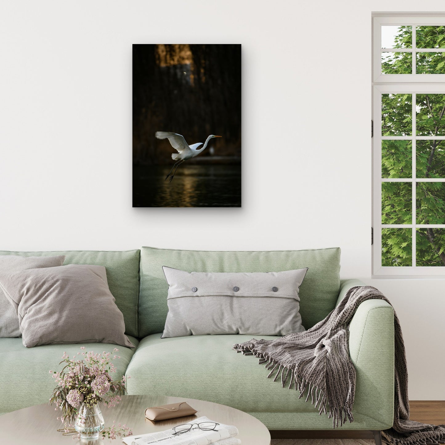 Great Egret Gliding Over Water 40x60cm Metal Print Ready to Hang