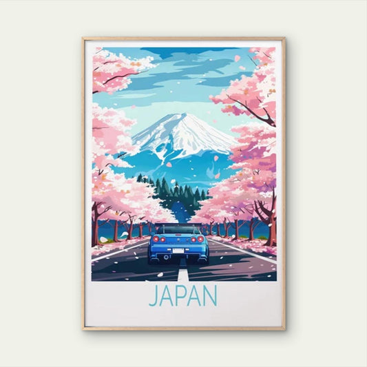 Japan Snowy Mountain and Cherry Blossom Travel Poster Print Wall Art
