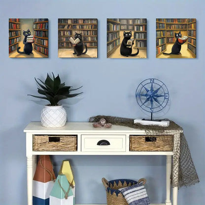 4pcs black cat looking for the book Wall Art Canvas Framed