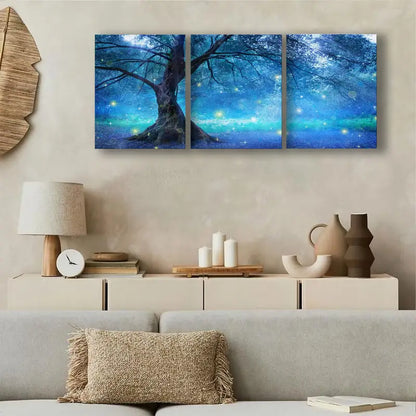 3pcs Sparkling Star In Blue Mystic Forest Nature Metal Print Ready to Hang Art