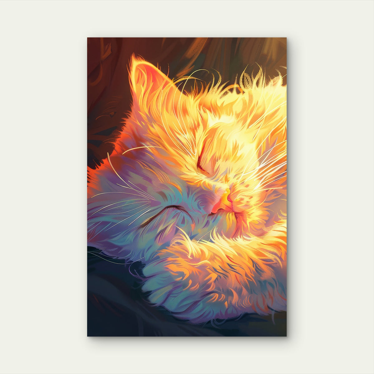 Surreal Painting of Cat Sleeping in Sunlight 40x60cm Metal Print Ready to Hang