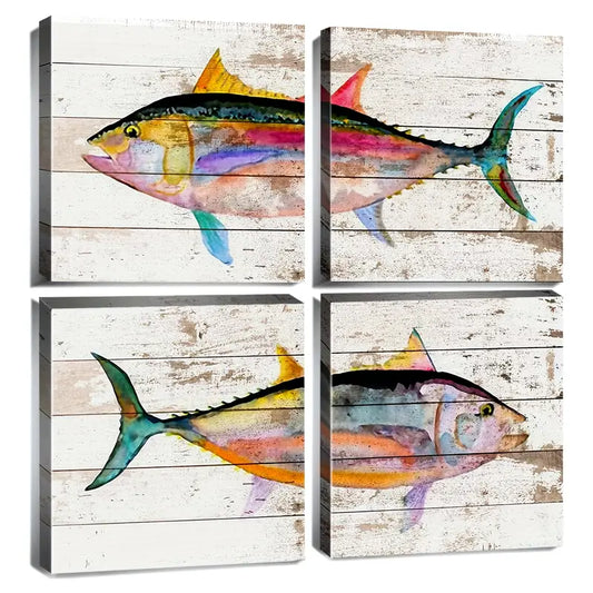 4pcs  Nautical Tuna Fish Wall Art Canvas Framed