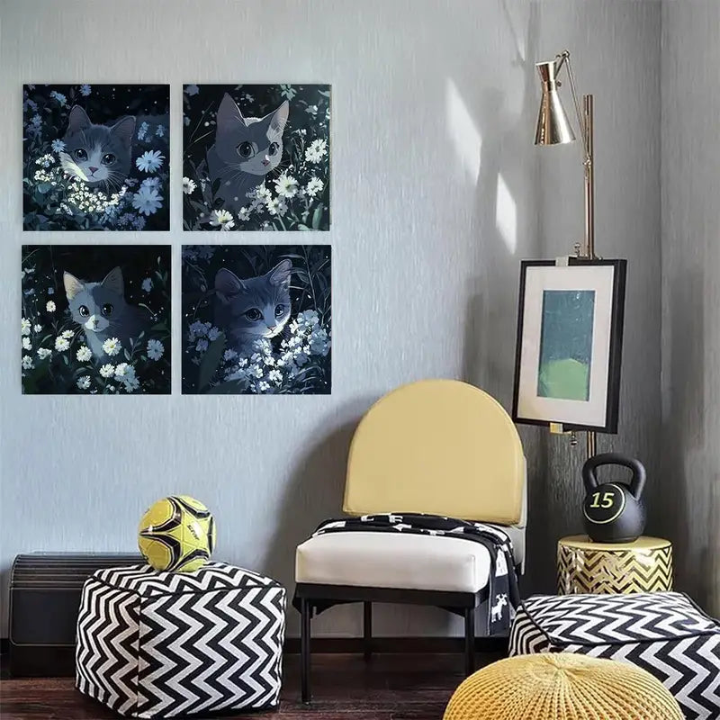 4pcs  Cute cat blue Art Deco Classic Retro TT   Wall Art Canvas Framed