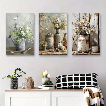 3pcs Rustic Daisy Flower Vintage Style Floral Metal Print Ready to Hang Art