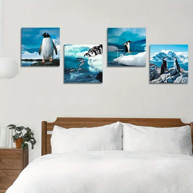 4pcs Penguin Picture Painting Wall Art Canvas Framed
