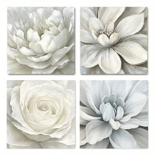 4pcs  Rainy Day White Flowers  Wall Art Canvas Framed