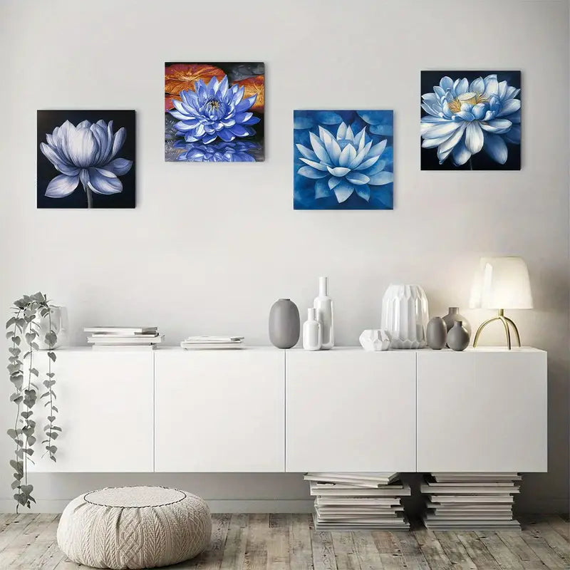 4pcs Blue For Lotus Flower Canvas Wall Art Canvas Framed