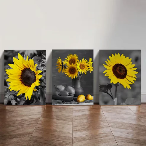3pcs Sunflower Yellow Floral Painting Wall Art Set Canvas Framed 50x70cm - High Quality Print 100% Australian Made Wall Canvas Ready to Hang