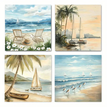 4pcs Beach, Coastal, Seaside, Chair, Sea Birds, Palm Tree Wall Art Canvas Framed