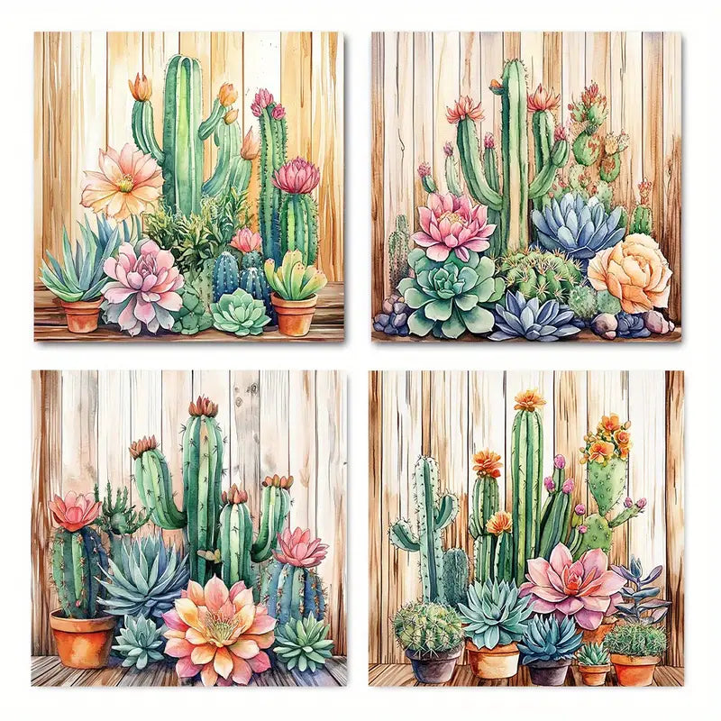 4pcs Fleshy Spiny Flowers, Vibrant Colors Wall Art Canvas Framed