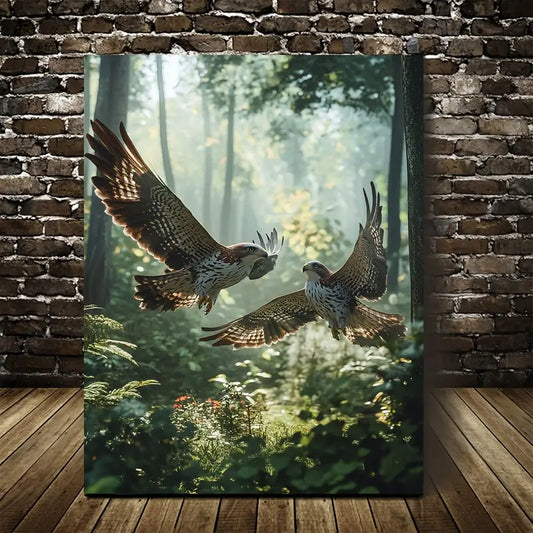 Photorealistic Hawks in Magical Forest Scene 40x60cm Metal Print Ready to Hang