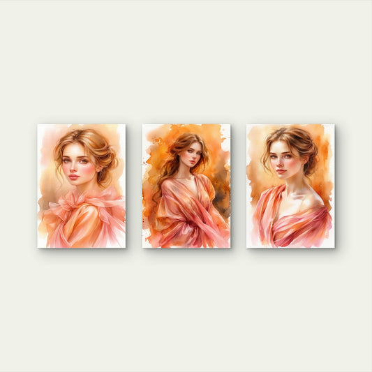 3pcs Elegant Woman Watercolor Portrait Peach Tone Wall Art Set Canvas Framed 60x90cm - High Quality Print 100% Australian Made Wall Canvas Ready to Hang