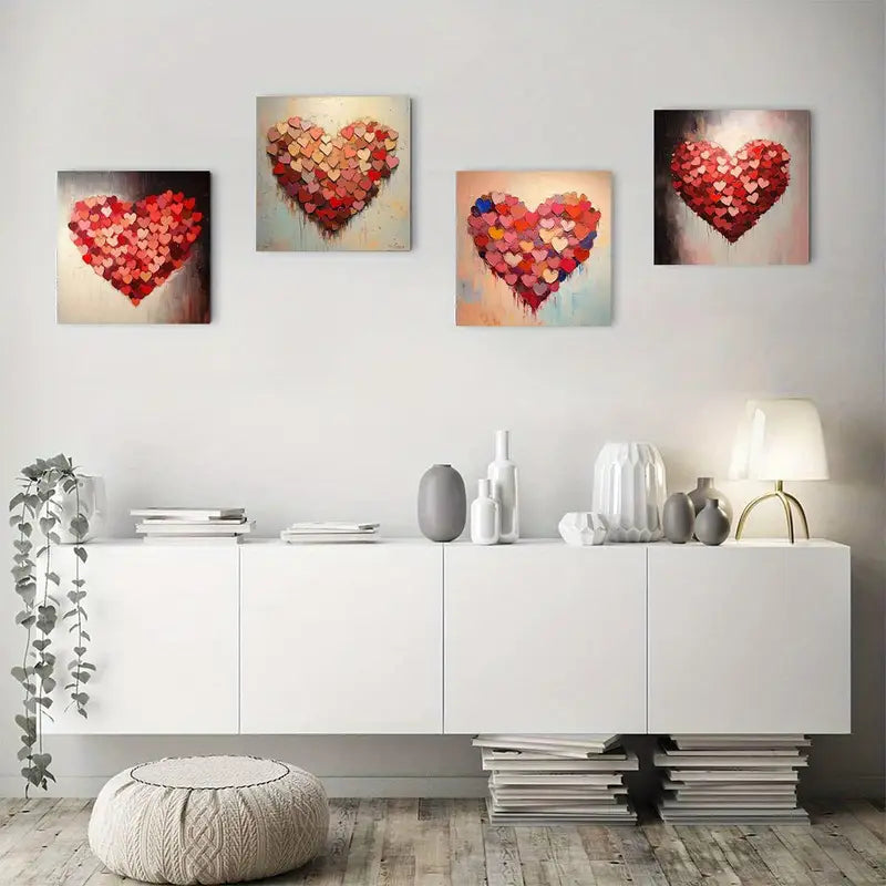 4pcs Pink Heart Valentine's Day Theme Wall Art Canvas Framed