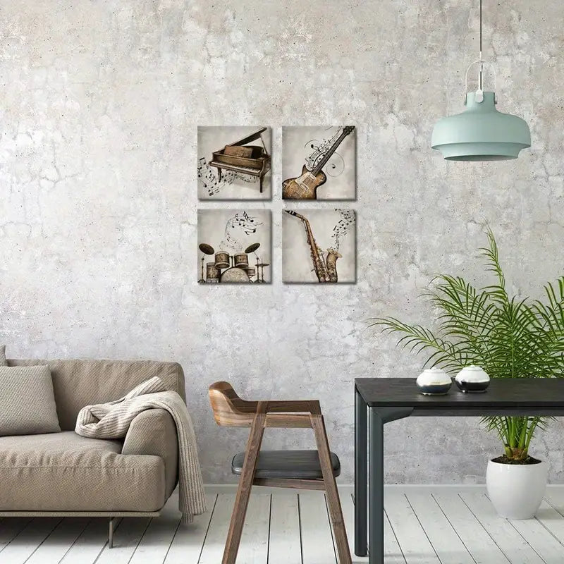 4pcs Vintage Piano, Guitar, Saxophone & Drum Set Wall Art Canvas Framed