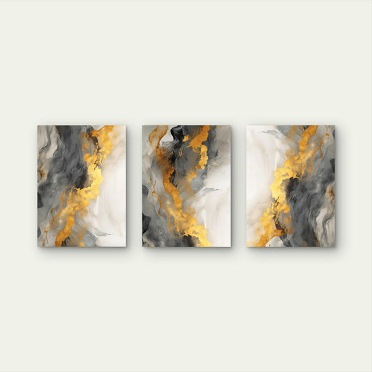 3pcs Elegant Grey Metallic Gold Wave Pattern Wall Art Set Canvas Framed 50x70cm - High Quality Print 100% Australian Made Wall Canvas Ready to Hang