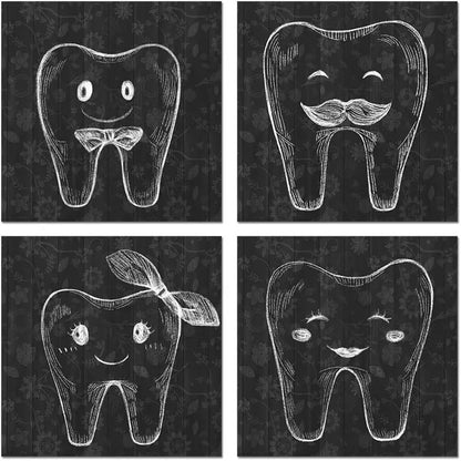 4pcs Teeth Family Black And White Tooth Painting Wall Art Canvas Framed