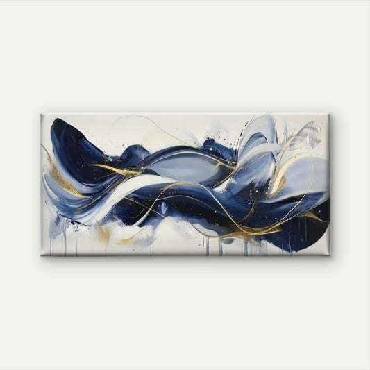 Deep Blue Golden Current Wall Art Canvas Office Home Room Framed 120x60cm