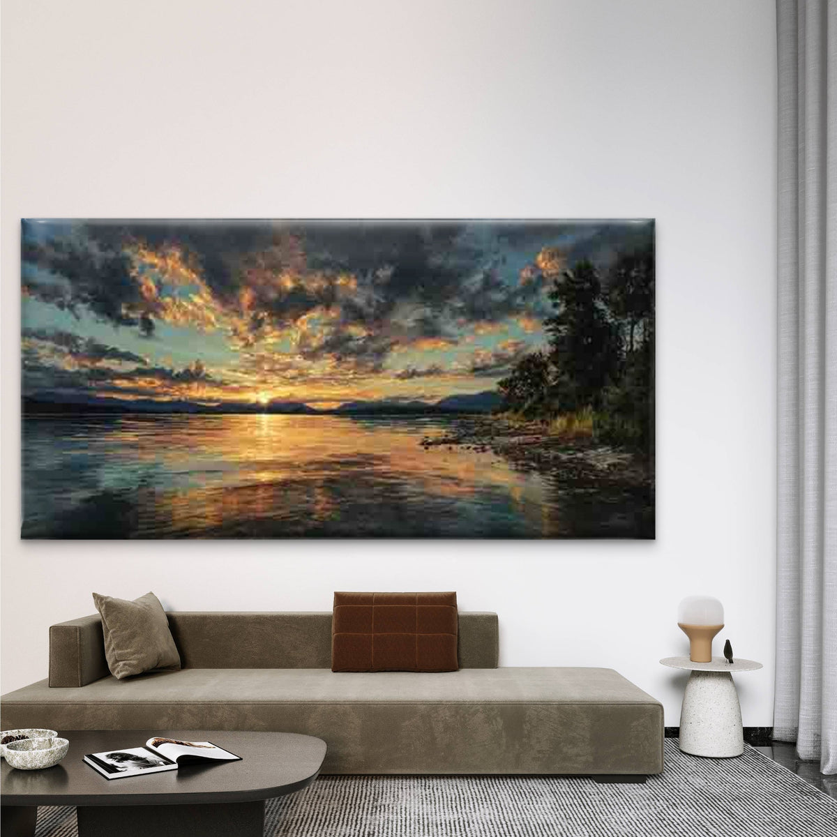 Sunset Over a Lake Wall Art Canvas Office Home Room Framed 120x60cm