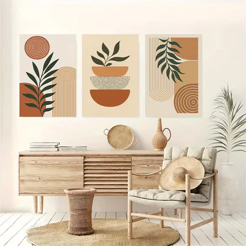 3pcs Abstract Plant Natural Geometric Shapes Wall Art Set Canvas Framed 50x70cm - High Quality Print 100% Australian Made Wall Canvas Ready to Hang