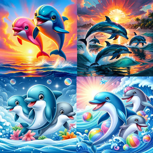 4pcs Dolphin Sea View Wall Art Canvas Framed