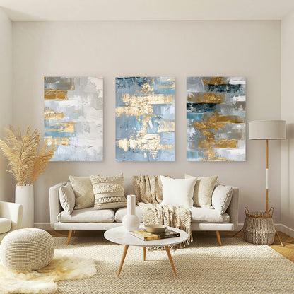 3pcs Blue Gold Metallic Textured Abstract Modern Wall Art Set Canvas Framed 50x70cm - High Quality Print 100% Australian Made Wall Canvas Ready to Hang