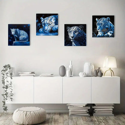 4pcs Snow Leopard & Blue Rose Wall Art Canvas Framed