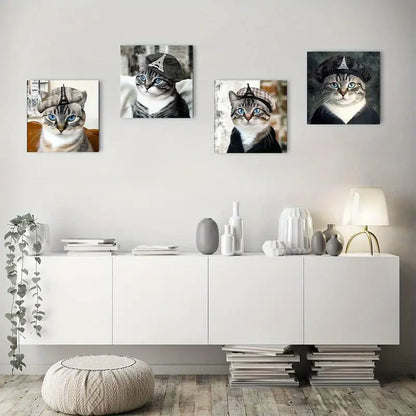 4pcs Modern French Cat Wall Art Canvas Framed
