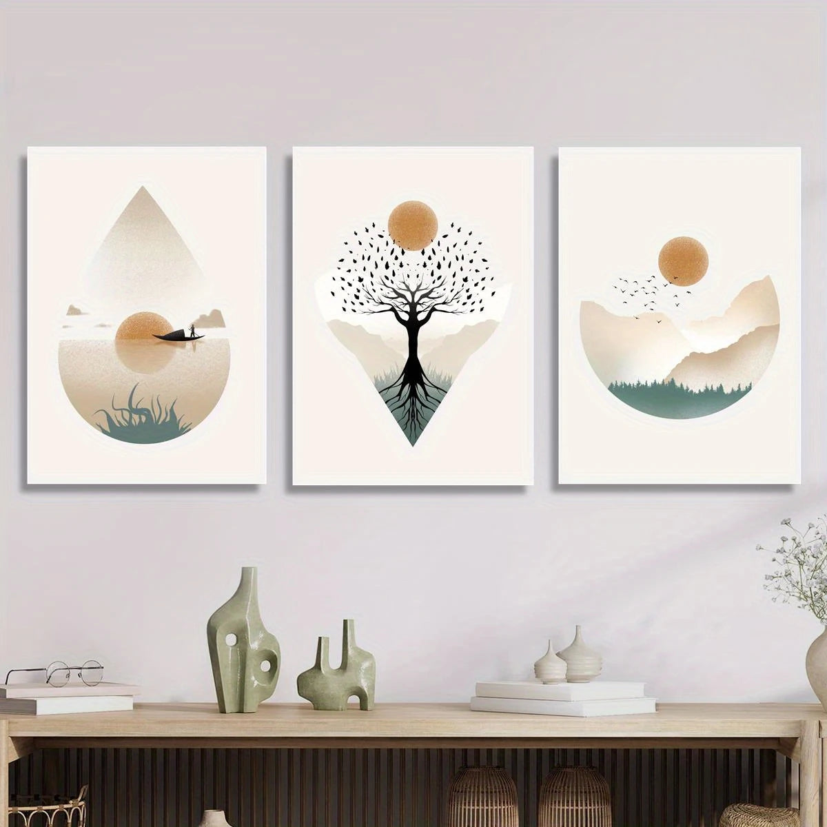 3pcs Sunset, Tree of Life, and Lake Scene with Boat Metal Print Ready to Hang Art