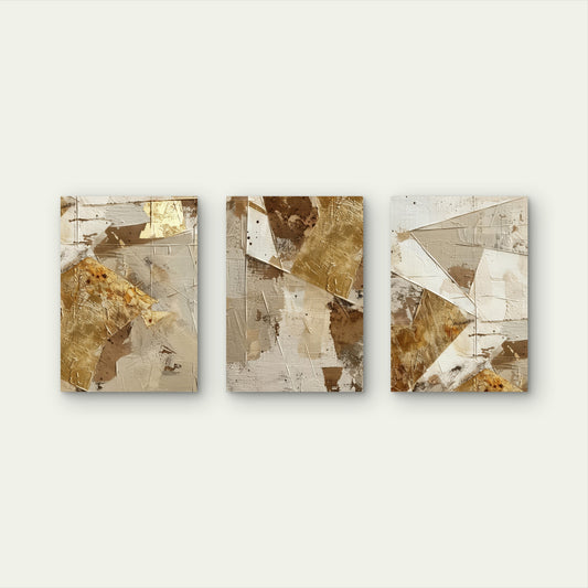 3pcs Modern Gold Foil Beige Blocks Set Wall Art Set Canvas Framed 50x70cm - High Quality Print 100% Australian Made Wall Canvas Ready to Hang