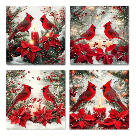 4pcs Cardinal Birds for home Wall Art Canvas Framed