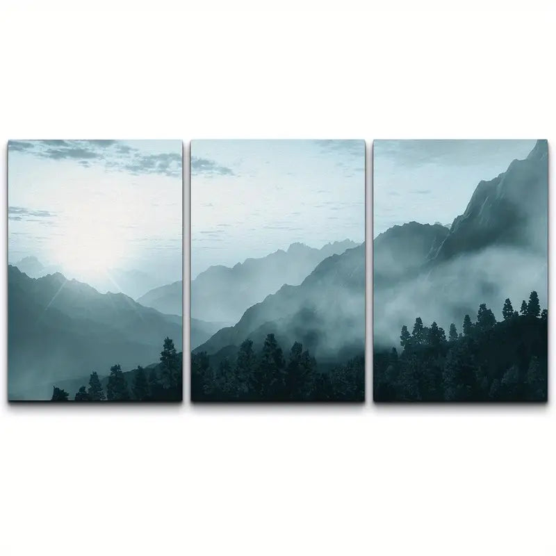 3pcs Mountain & Forest Landscape With Sunrise Metal Print Ready to Hang Art