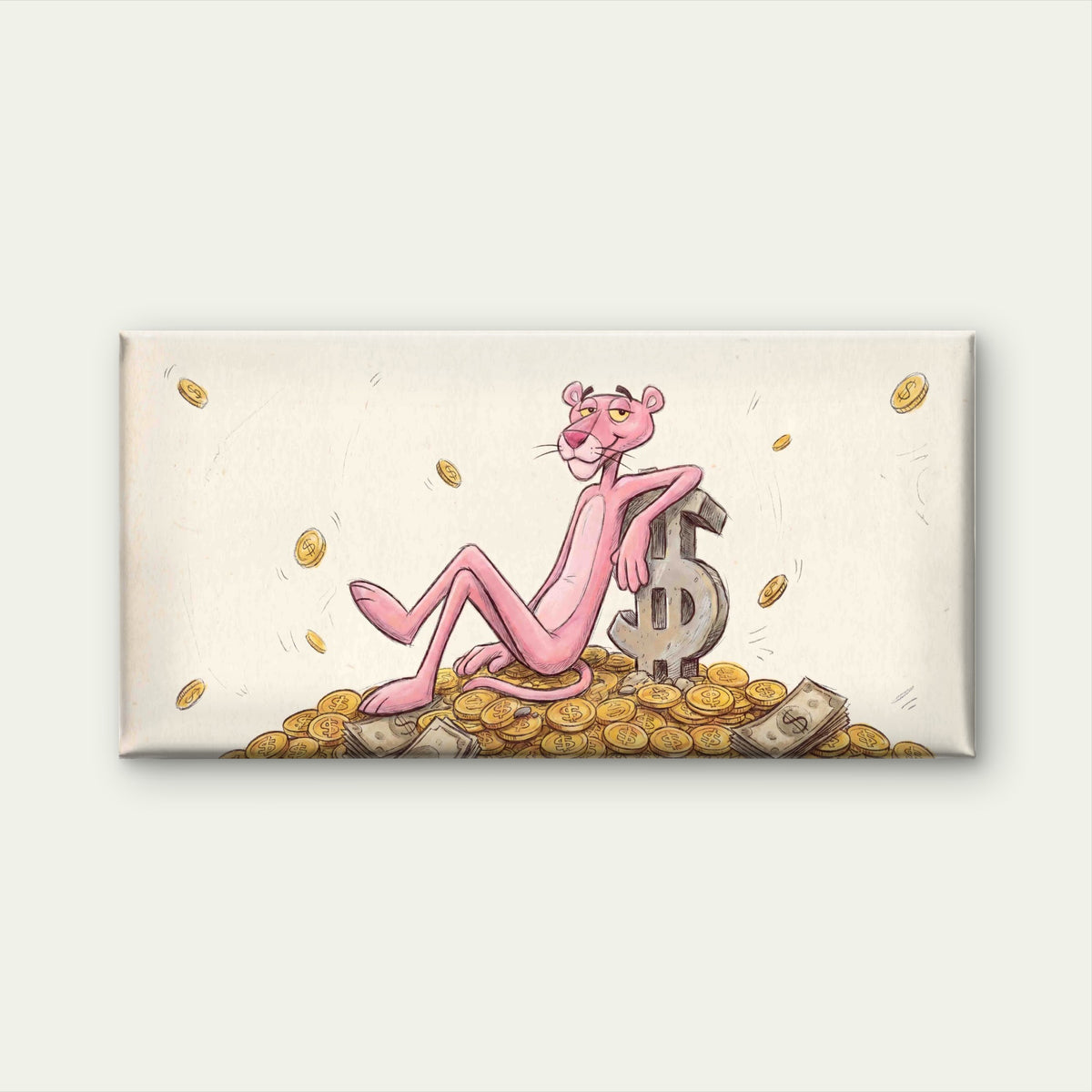 Pink Cat Money Illustration Wall Art Canvas Office Home Room Framed 120x60cm
