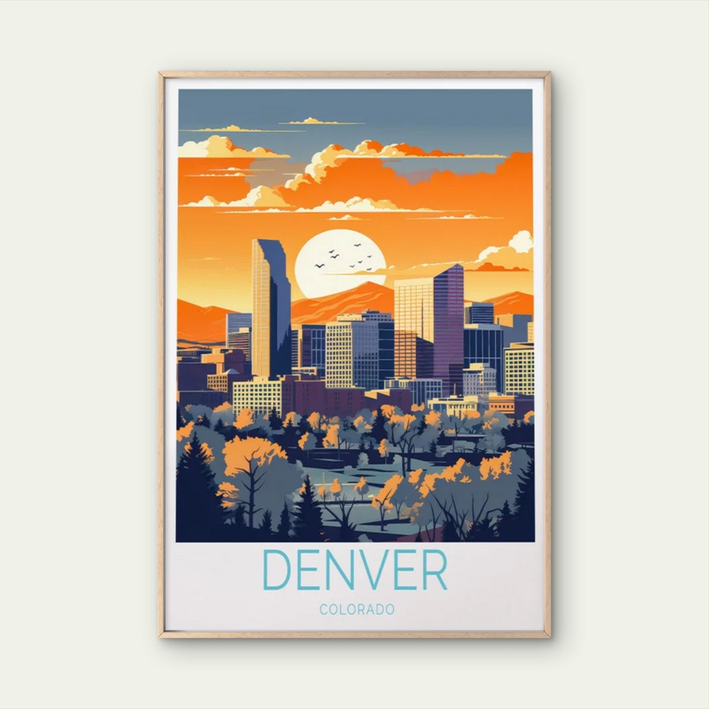 Denver Colorado, Skyscrapers and Sunset Travel Poster Print Wall Art