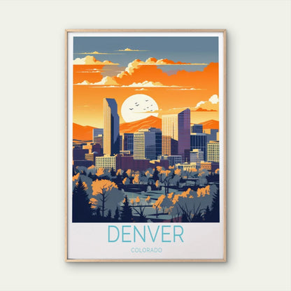 Denver Colorado, Skyscrapers and Sunset Travel Poster Print Wall Art