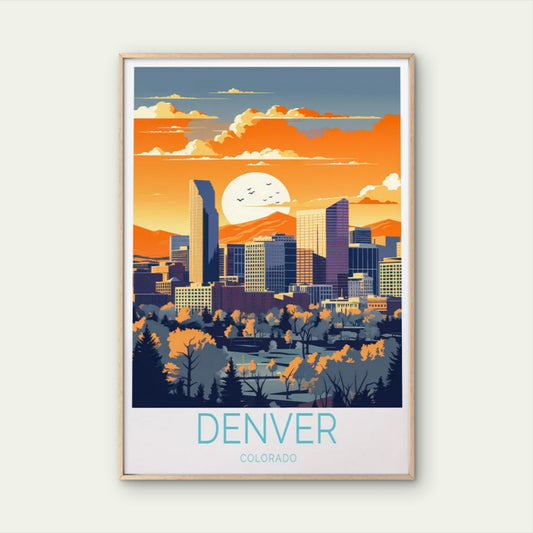 Denver Colorado, Skyscrapers and Sunset Travel Poster Print Wall Art