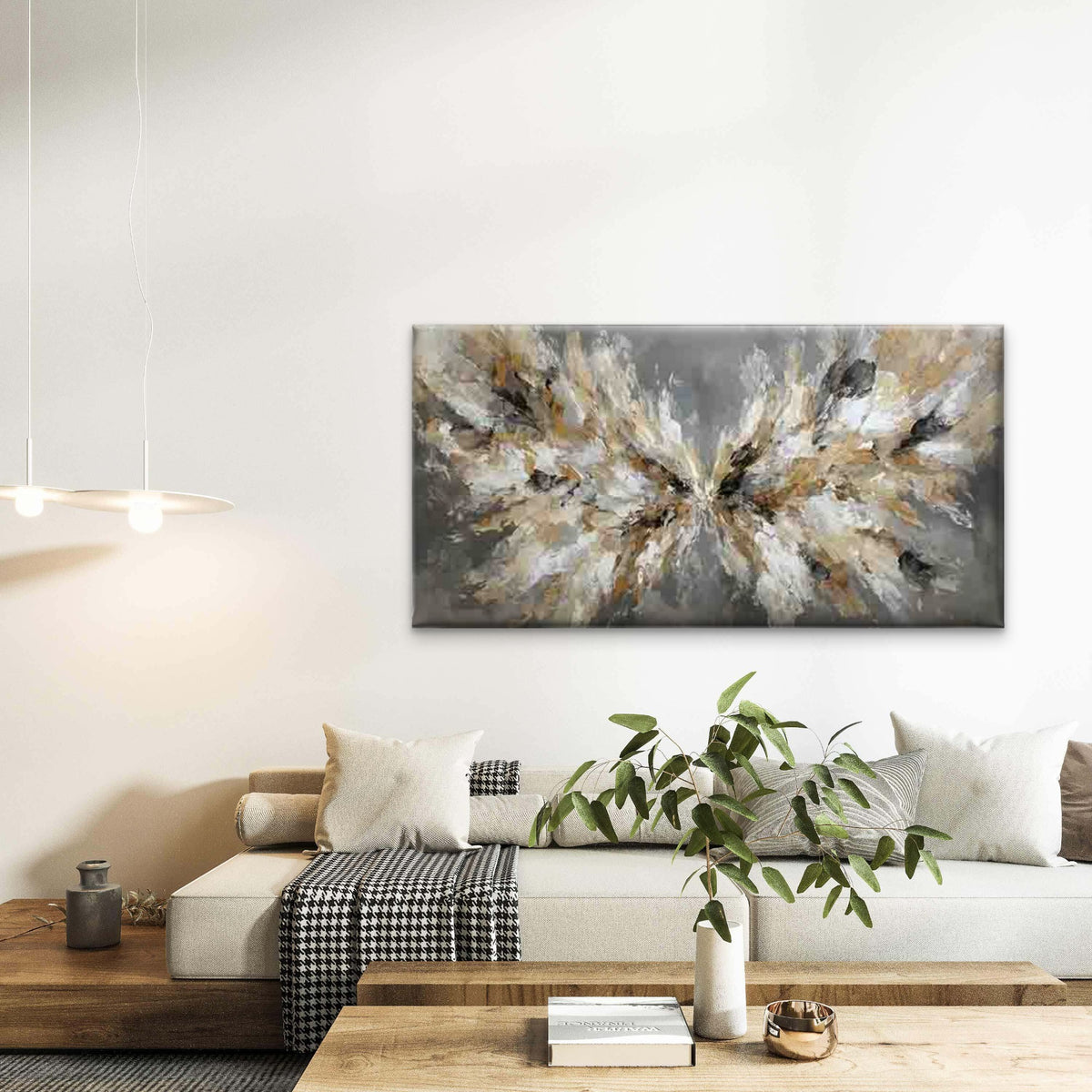 Abstract Beige, Black, White, Wall Art Canvas Office Home Room Framed 120x60cm