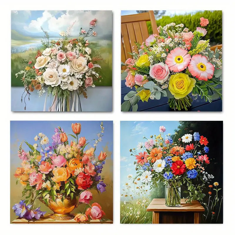 4pcs Vibrant Roses, Daisies & Wildflowers Wall Art Canvas Framed