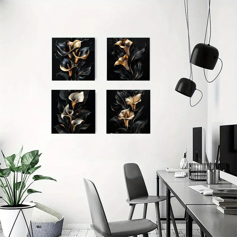 4pcs Black Golden Flora Elegant Modern   Wall Art Canvas Framed