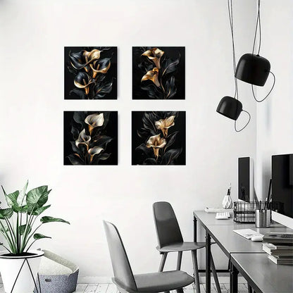 4pcs Black Golden Flora Elegant Modern   Wall Art Canvas Framed