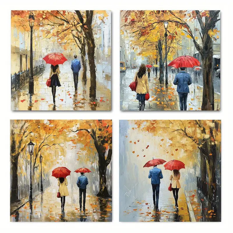 4pcs Fashionable Woman With An Umbrella Wall Art Canvas Framed