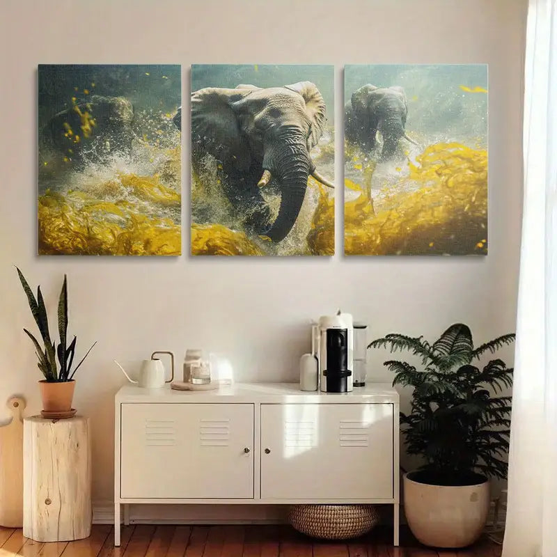 3pcs Running Elephants in the Savannah Metal Print Ready to Hang Art