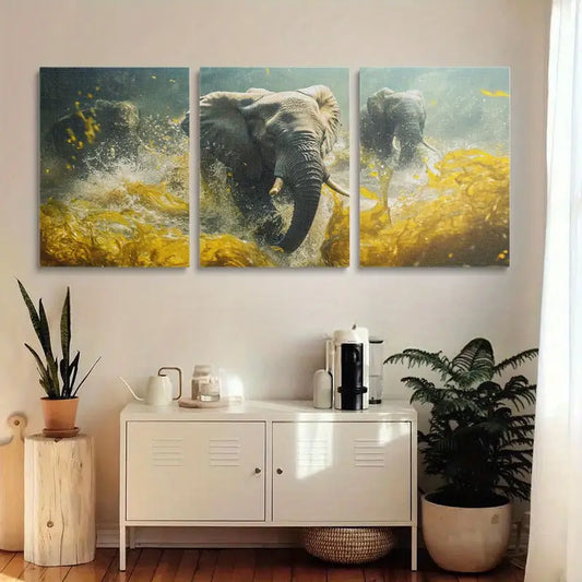 3pcs Running Elephants in the Savannah Metal Print Ready to Hang Art