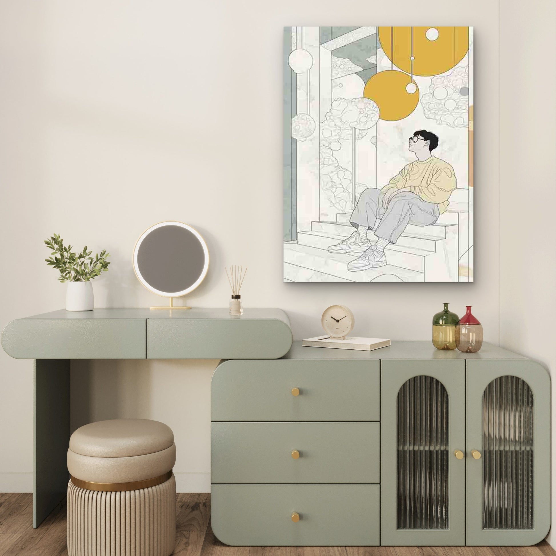 Young Man in Thought on Steps 60x90cm Metal Print Ready to Hang - Bella Home Decor